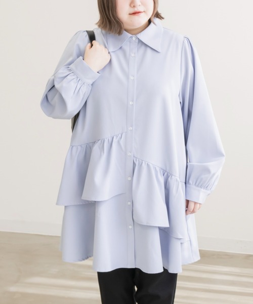 CLETTE(クレット)の「アシメティアード長袖シャツチュニック(チュニック・レディース・アイボリー/ブルー/チャコールグレー・LL/3L/4L)」の16枚目の写真