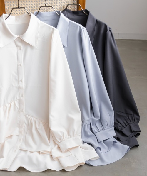 CLETTE(クレット)の「アシメティアード長袖シャツチュニック(チュニック・レディース・アイボリー/ブルー/チャコールグレー・LL/3L/4L)」の8枚目の写真