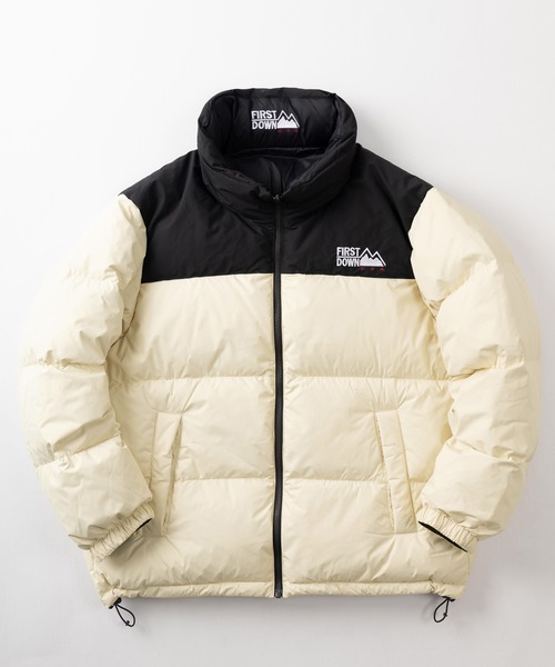 【美品】ファーストダウン ダウンジャケット　リバーシブル 刺繍ロゴ 黒 ベージュ 76】 【FIRST DOWN USA/ファースト ダウン USA】ワンポイントロゴ刺繍