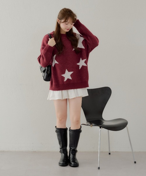 APPORTE PAR LES MARCHES(アポルテパーレマルシェ)の「星柄ジャガードニット(ニット/セーター・レディース・ボルドー/チャコール/アイボリー・FREE)」の21枚目の写真