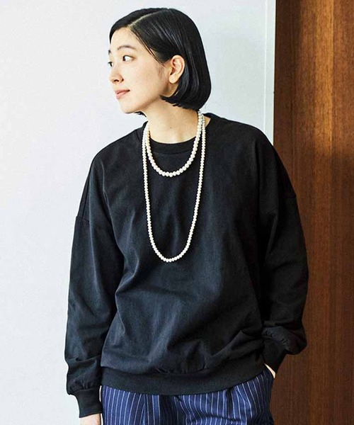 tシャツ ＴＨＲＥＥ　ＦＩＦＴＹ　ＳＴＡＮＤＡＲＤ　トレーナーみたいなＴシャツ レディース THREE FIFTY STANDARD トレーナーみたいなTシャツ〈ブラック
