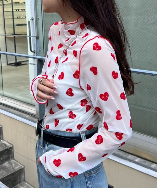 HELLO.SANFRANCISCO(ハローサンフランシスコ)の「【HELLO.SANFRANCISCO】ハートフロッキープリントシアータートル(Tシャツ/カットソー・レディース・ホワイト/ベージュ/オレンジ・ONE SIZE)」の9枚目の写真