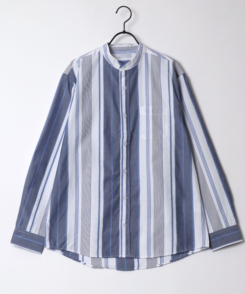 SITRY（シトリー）の「Broadcloth Stripe ＆ Plaid Band Collar Shirt/ストライプ チェック ブロード バンドカラーシャツ（シャツ/ブラウス・メンズ・ブルー系その他2/ブルー系その他3/ブルー系その他4/ブラック系その他/ブルー系その他/ホワイト系その他・M/L/LL）」の4枚目の写真