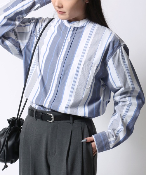 SITRY（シトリー）の「Broadcloth Stripe ＆ Plaid Band Collar Shirt/ストライプ チェック ブロード バンドカラーシャツ（シャツ/ブラウス・メンズ・ブルー系その他2/ブルー系その他3/ブルー系その他4/ブラック系その他/ブルー系その他/ホワイト系その他・M/L/LL）」の7枚目の写真