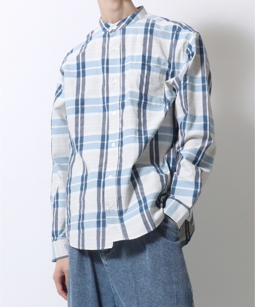 SITRY（シトリー）の「Broadcloth Stripe ＆ Plaid Band Collar Shirt/ストライプ チェック ブロード バンドカラーシャツ（シャツ/ブラウス・メンズ・ブルー系その他2/ブルー系その他3/ブルー系その他4/ブラック系その他/ブルー系その他/ホワイト系その他・M/L/LL）」の15枚目の写真