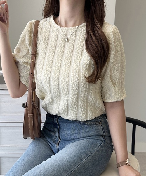 GeeRA(ジーラ)の「5分袖ボリュームジャガードトップス(Tシャツ/カットソー・レディース・モカ/アイボリー/ブラック・LARGE/MEDIUM)」の2枚目の写真