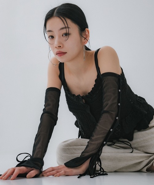 tanakadaisuke/タナカダイスケ】mesh vlvet ribbon arm cover/メッシュ
