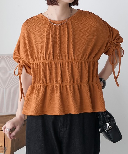 BONLECILL(ボンルシール)の「ぽこぽこジャガードシャーリングリボンスリーブTEE(Tシャツ/カットソー・レディース・ブラック/アイボリー/ライトグレー/オレンジ・FREE)」の4枚目の写真