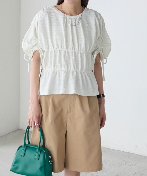 BONLECILL(ボンルシール)の「ぽこぽこジャガードシャーリングリボンスリーブTEE(Tシャツ/カットソー・レディース・ブラック/アイボリー/ライトグレー/オレンジ・FREE)」の7枚目の写真