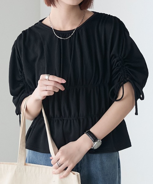 BONLECILL(ボンルシール)の「ぽこぽこジャガードシャーリングリボンスリーブTEE(Tシャツ/カットソー・レディース・ブラック/アイボリー/ライトグレー/オレンジ・FREE)」の14枚目の写真