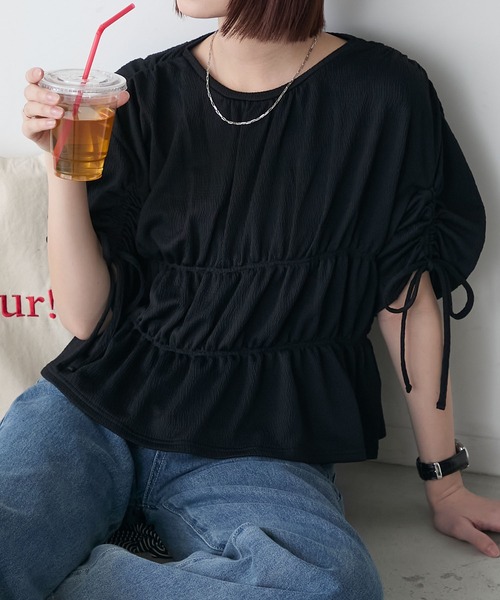BONLECILL(ボンルシール)の「ぽこぽこジャガードシャーリングリボンスリーブTEE(Tシャツ/カットソー・レディース・ブラック/アイボリー/ライトグレー/オレンジ・FREE)」の21枚目の写真