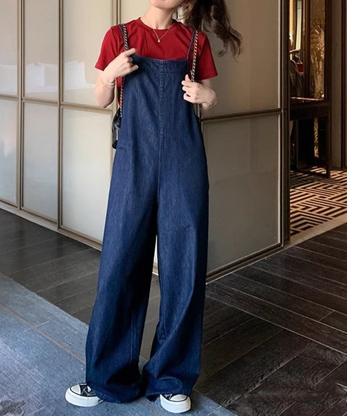 DAY CLOSET（デイ クローゼット）の「【大きいサイズ有/ワンウォッシュ風味/肩紐×バックリボン調節可】ストレートシルエットデニムオールインワン レディース（サロペット/オーバーオール・レディース・ネイビー・XL/S/M/L）」の2枚目の写真