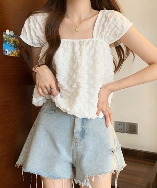 Sibra（シブラ）の「スクエアネックフリルブラウス（Tシャツ/カットソー・レディース・ホワイト/イエロー/ブラック・M）」の11枚目の写真