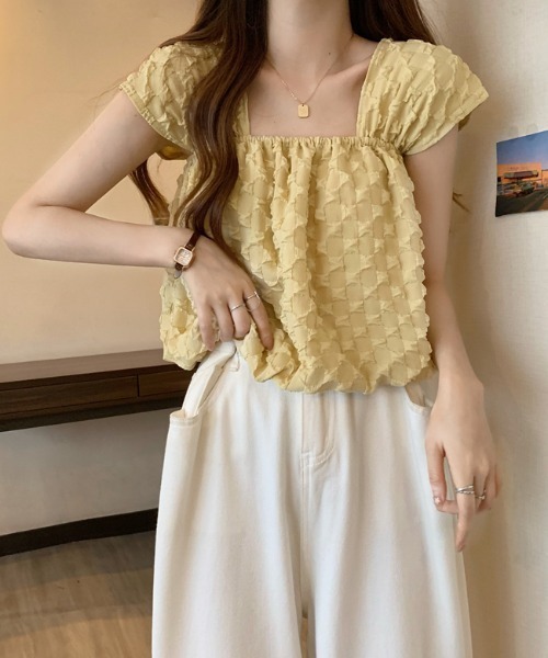 Sibra（シブラ）の「スクエアネックフリルブラウス（Tシャツ/カットソー・レディース・ホワイト/イエロー/ブラック・M）」の6枚目の写真
