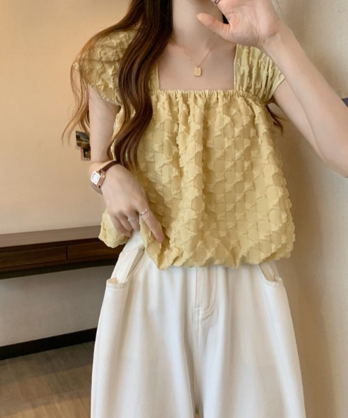Sibra（シブラ）の「スクエアネックフリルブラウス（Tシャツ/カットソー・レディース・ホワイト/イエロー/ブラック・M）」の7枚目の写真