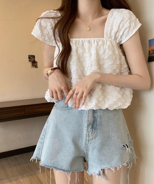 Sibra（シブラ）の「スクエアネックフリルブラウス（Tシャツ/カットソー・レディース・ホワイト/イエロー/ブラック・M）」の5枚目の写真