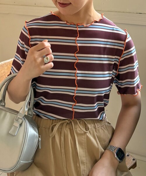 HELLO.SANFRANCISCO(ハローサンフランシスコ)の「【HELLO.SANFRANCISCO】マルチボーダーメロートップス(Tシャツ/カットソー・レディース・レッド/グリーン/ブラウン・ONE SIZE)」の2枚目の写真