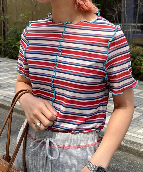 HELLO.SANFRANCISCO(ハローサンフランシスコ)の「【HELLO.SANFRANCISCO】マルチボーダーメロートップス(Tシャツ/カットソー・レディース・レッド/グリーン/ブラウン・ONE SIZE)」の9枚目の写真