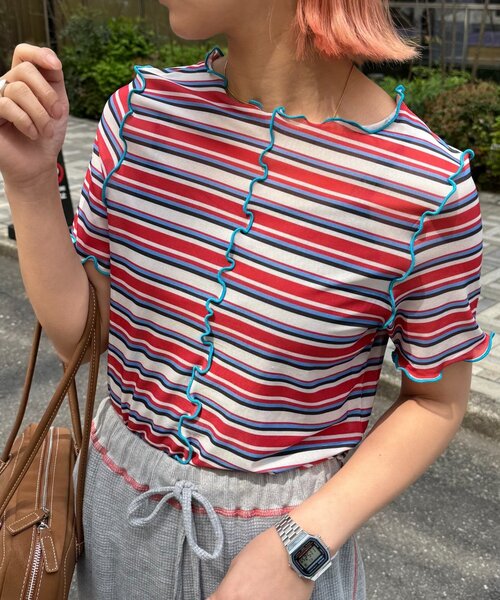 HELLO.SANFRANCISCO(ハローサンフランシスコ)の「【HELLO.SANFRANCISCO】マルチボーダーメロートップス(Tシャツ/カットソー・レディース・レッド/グリーン/ブラウン・ONE SIZE)」の10枚目の写真