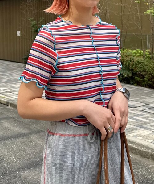 HELLO.SANFRANCISCO(ハローサンフランシスコ)の「【HELLO.SANFRANCISCO】マルチボーダーメロートップス(Tシャツ/カットソー・レディース・レッド/グリーン/ブラウン・ONE SIZE)」の13枚目の写真