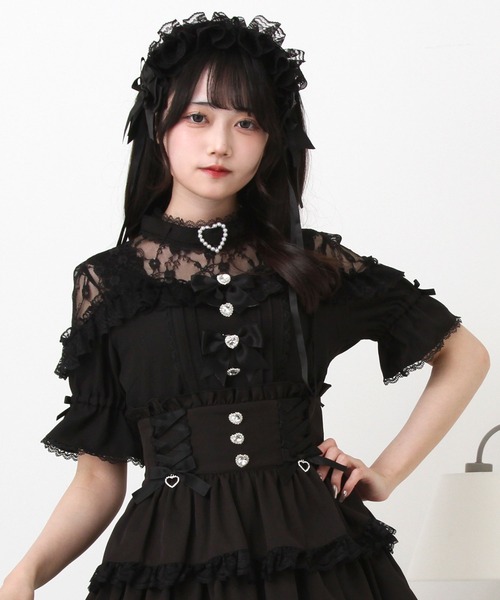 DearMyLove（ディアマイラブ）の「ハートビジューリボンオフショル風レースブラウス（シャツ/ブラウス・レディース・ブラック/ベビーピンク/ホワイト×ブラック/ホワイト×ピンク・3L/LL/LARGE/MEDIUM）」の3枚目の写真