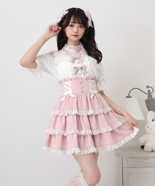 DearMyLove（ディアマイラブ）の「ハートビジューリボンオフショル風レースブラウス（シャツ/ブラウス・レディース・ブラック/ベビーピンク/ホワイト×ブラック/ホワイト×ピンク・3L/LL/LARGE/MEDIUM）」の7枚目の写真