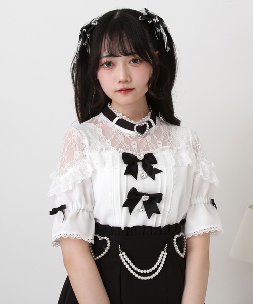 DearMyLove（ディアマイラブ）の「ハートビジューリボンオフショル風レースブラウス（シャツ/ブラウス・レディース・ブラック/ベビーピンク/ホワイト×ブラック/ホワイト×ピンク・3L/LL/LARGE/MEDIUM）」の12枚目の写真