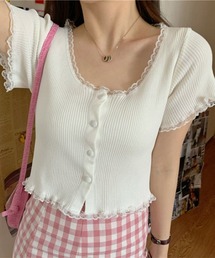 Lace Ladies（レースレディース）の「レース パイピング 半袖 リブニット ショート トップス（Tシャツ/カットソー）」