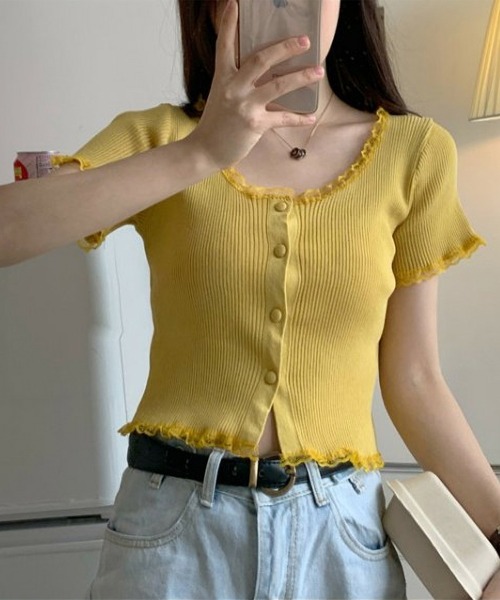 Lace Ladies(レースレディース)の「レース パイピング 半袖 リブニット ショート トップス(Tシャツ/カットソー・レディース・ブラック/ホワイト/イエロー・FREE)」の3枚目の写真