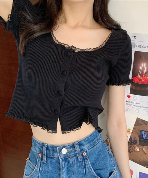 Lace Ladies(レースレディース)の「レース パイピング 半袖 リブニット ショート トップス(Tシャツ/カットソー・レディース・ブラック/ホワイト/イエロー・FREE)」の2枚目の写真