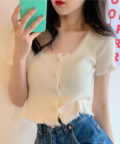 Lace Ladies(レースレディース)の「レース パイピング 半袖 リブニット ショート トップス(Tシャツ/カットソー・レディース・ブラック/ホワイト/イエロー・FREE)」の9枚目の写真