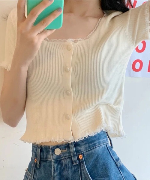 Lace Ladies(レースレディース)の「レース パイピング 半袖 リブニット ショート トップス(Tシャツ/カットソー・レディース・ブラック/ホワイト/イエロー・FREE)」の10枚目の写真