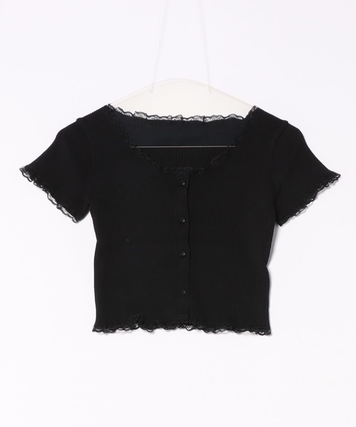 deres デレス　半袖トップス　Paris black セール】レース パイピング 半袖 リブニット ショート トップス