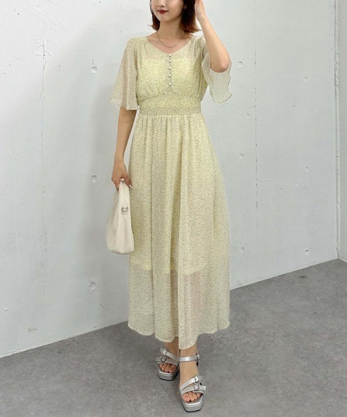 CHICWISH★花柄フレアスリーブワンピース☆ CHICWISH☆花柄フレアスリーブラッフルカシュクールワンピース