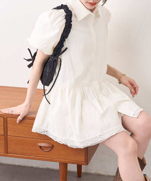ブラウス シャツ ストライプ半袖ミニOPSH レディース セール】ストライプ半袖ミニOPSH（シャツ/ブラウス）｜w closet