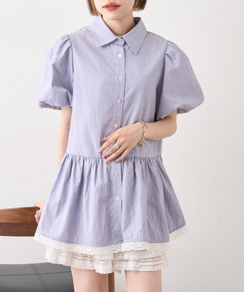 ブラウス シャツ ストライプ半袖ミニOPSH レディース セール】ストライプ半袖ミニOPSH（シャツ/ブラウス）｜w closet