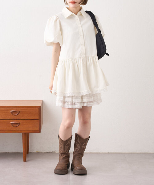 ブラウス シャツ ストライプ半袖ミニOPSH レディース セール】ストライプ半袖ミニOPSH（シャツ/ブラウス）｜w closet