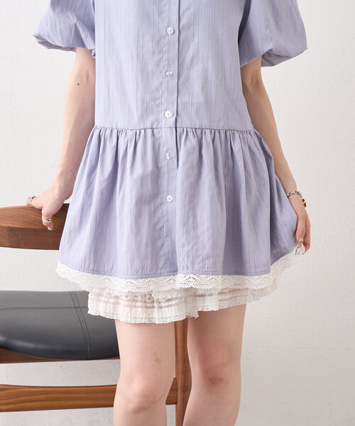 ブラウス シャツ ストライプ半袖ミニOPSH レディース セール】ストライプ半袖ミニOPSH（シャツ/ブラウス）｜w closet