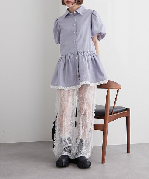 ブラウス シャツ ストライプ半袖ミニOPSH レディース セール】ストライプ半袖ミニOPSH（シャツ/ブラウス）｜w closet