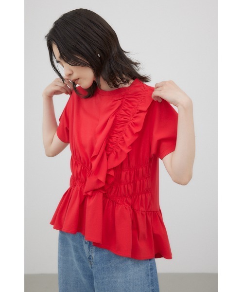 tシャツ フリルシャーリングプルオーバー レディース moment+ ブラウス シャツ シフォンジョーゼット半袖フリル