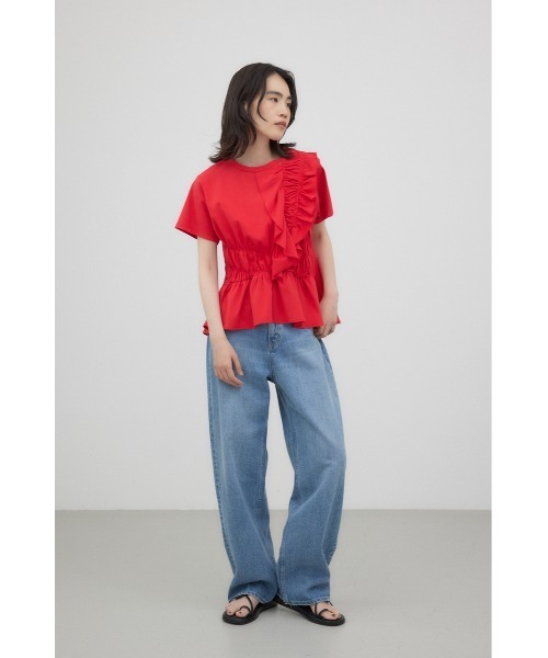 tシャツ フリルシャーリングプルオーバー レディース moment+ ブラウス シャツ シフォンジョーゼット半袖フリル