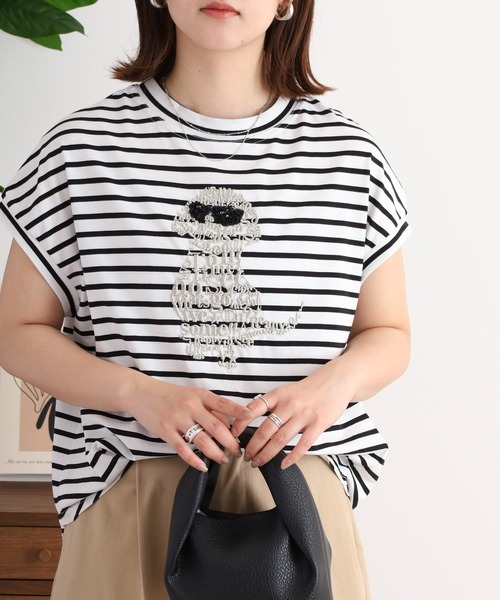 EGLANTINE(エグランティーヌ)の「EGLANTINE 犬デザイン刺繍 フレンチスリーブカットソー(Tシャツ/カットソー・レディース・ホワイト×ブラック/オフホワイト/ブラック/ブルー・40)」の16枚目の写真