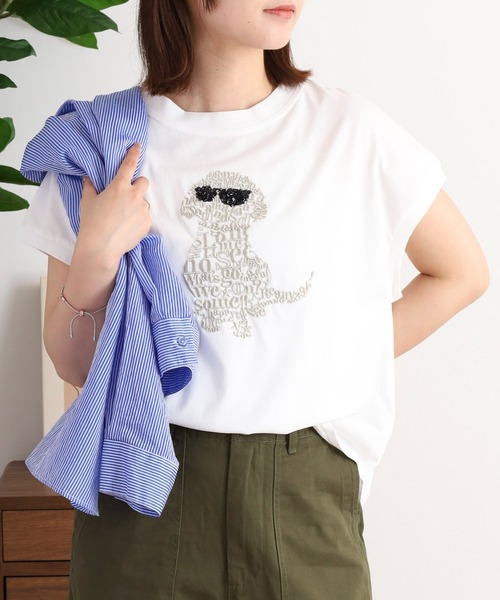 EGLANTINE(エグランティーヌ)の「EGLANTINE 犬デザイン刺繍 フレンチスリーブカットソー(Tシャツ/カットソー・レディース・ホワイト×ブラック/オフホワイト/ブラック/ブルー・40)」の12枚目の写真
