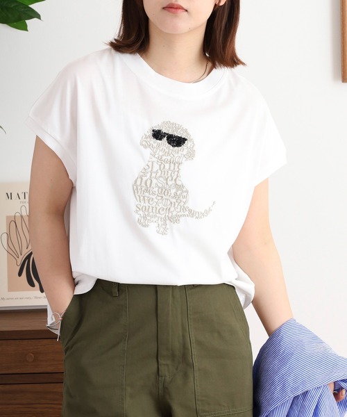 EGLANTINE(エグランティーヌ)の「EGLANTINE 犬デザイン刺繍 フレンチスリーブカットソー(Tシャツ/カットソー・レディース・ホワイト×ブラック/オフホワイト/ブラック/ブルー・40)」の13枚目の写真