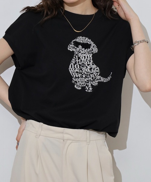 EGLANTINE(エグランティーヌ)の「EGLANTINE 犬デザイン刺繍 フレンチスリーブカットソー(Tシャツ/カットソー・レディース・ホワイト×ブラック/オフホワイト/ブラック/ブルー・40)」の21枚目の写真