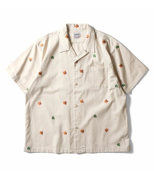 HOUSTON（ヒューストン）の「HOUSTON ヒューストン COTTON TWILL ALLOVER EMB S/S SHIRT コットンツイル 虎 福 総柄刺繍 オープンカラーシャツ / 開襟シャツ（シャツ/ブラウス・メンズ・ベージュ/ブラック/ナチュラル・M/XL/L）」の3枚目の写真