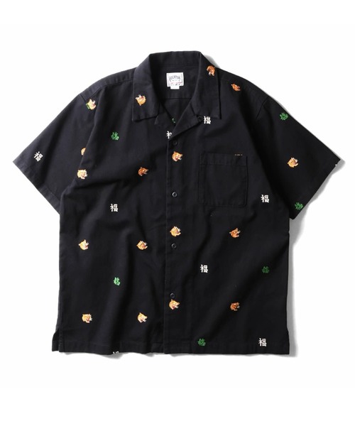 美品 ヒューストン レーヨン100% ドラゴン 刺繍 オープンカラーシャツ M セール】HOUSTON ヒューストン COTTON TWILL ALLOVER EMB S/S
