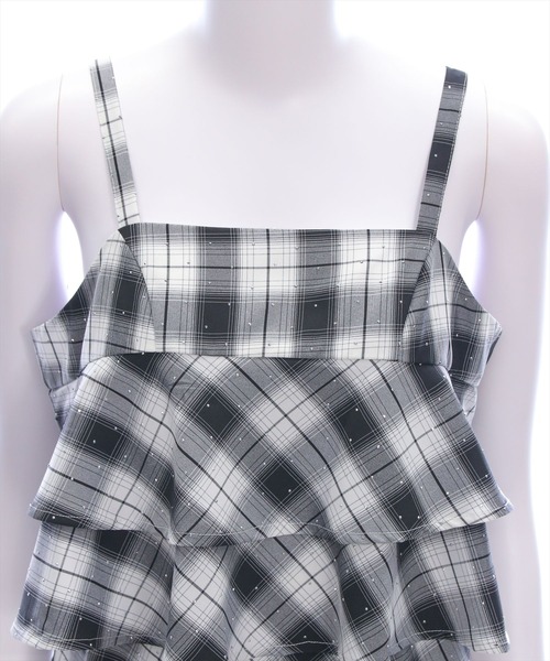 clear（クリア）の「ラインストーンチェック柄ティアードワンピース[きらきら 着回し力抜群 ミニ丈]≪SS新作≫（ワンピース・レディース・ブラック/ピンク・F）」の6枚目の写真