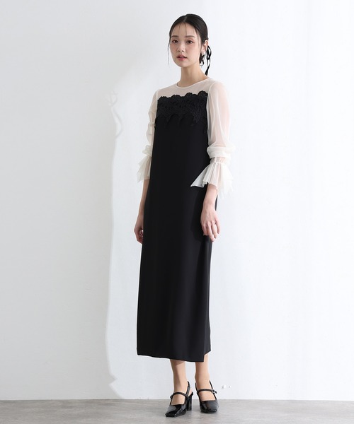 PourVous(プールヴー)の「結婚式 二次会 パーティー ドレス 袖あり と ミモレ丈 ケミカル レース 変形ベルスリーブ Iライン シルエット お呼ばれ フォーマル オケージョンドレス 同窓会 成人式 謝恩会 20代 30代(ドレス・レディース・ブラック系その他/キャメル/グリーン・L/M)」の2枚目の写真