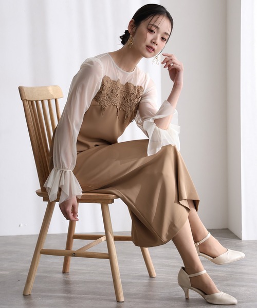 結婚式二次会パーティードレス袖ありとミモレ丈ケミカルレース変形ベル